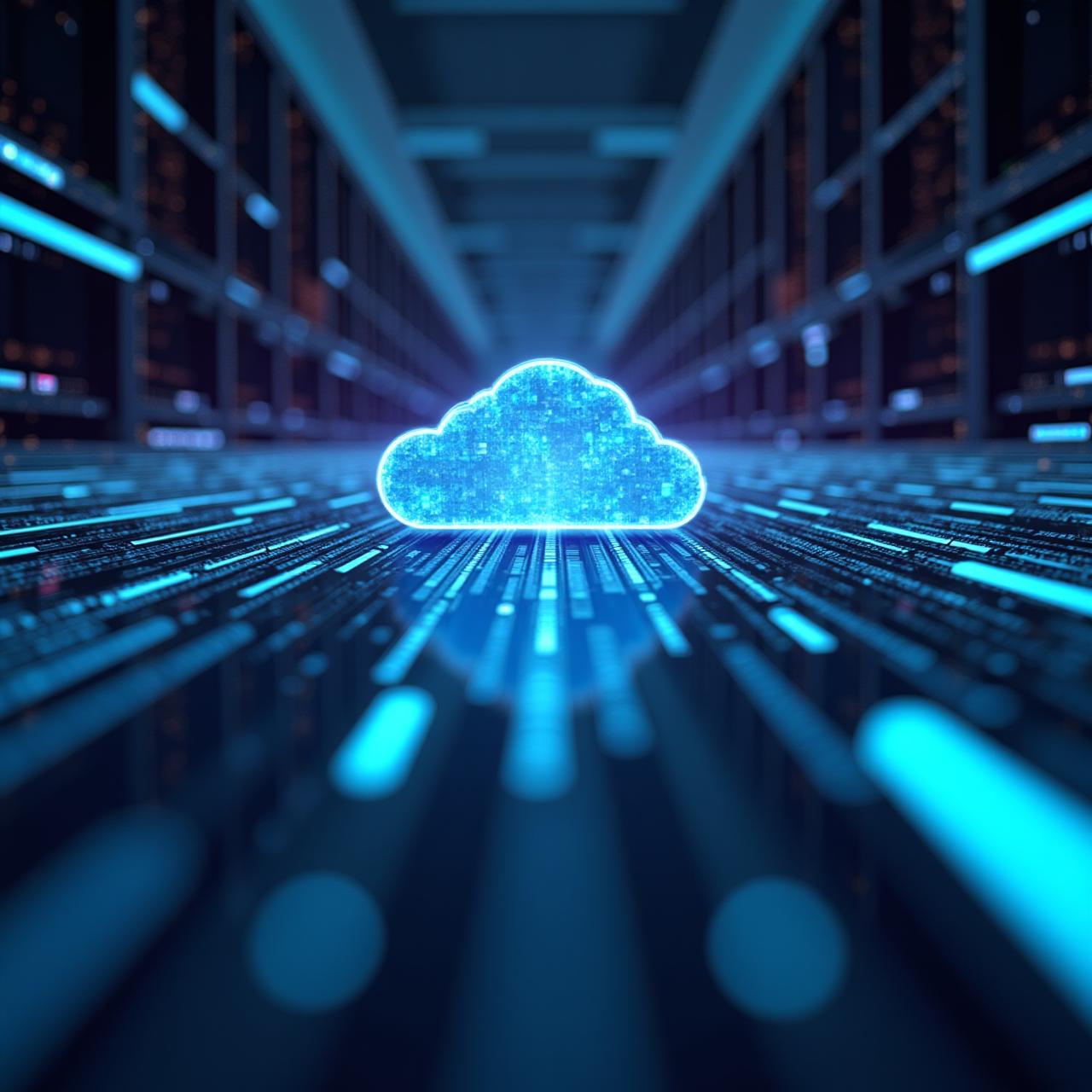 Futuristic server room and digital cloud representation