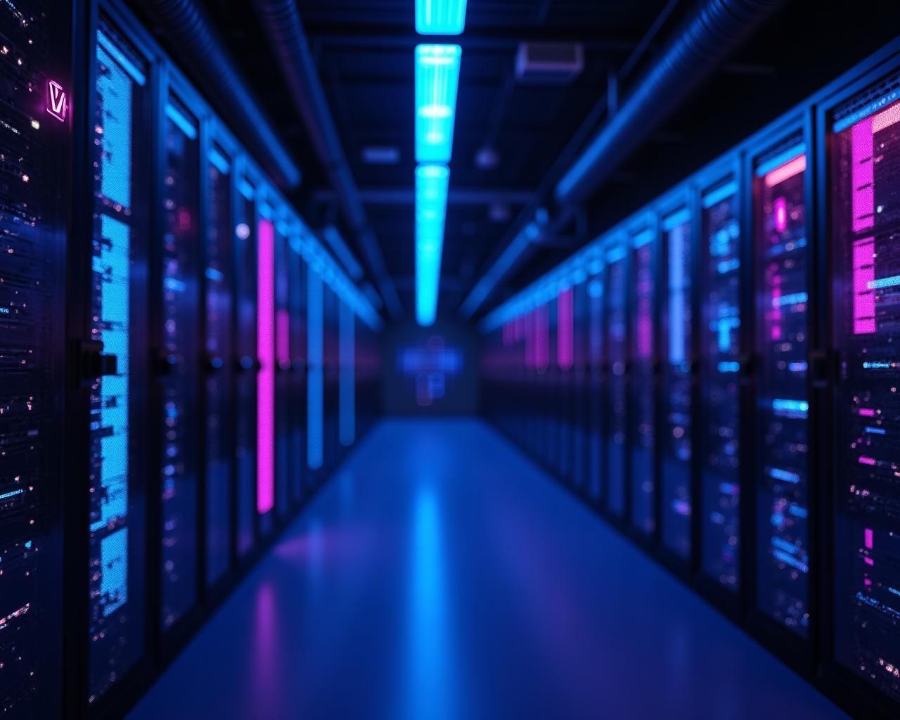 Modern server room with neon lighting
