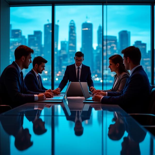 Modern IT consulting team collaborating in New York office with skyline view